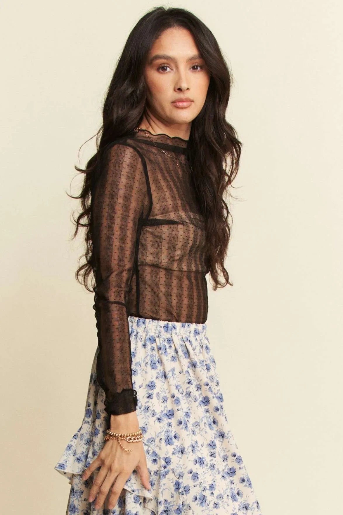 Davi & Dani Turtle Neck Lace Dotted Stretch Mesh Sheer Top - Love Salve